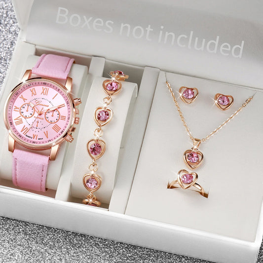 5/6PCS Luxury Women Watches Jewelry Set Fashion Roma Dial Ladies Leather Band Quartz Watch Relogios Feminino(Without Box)