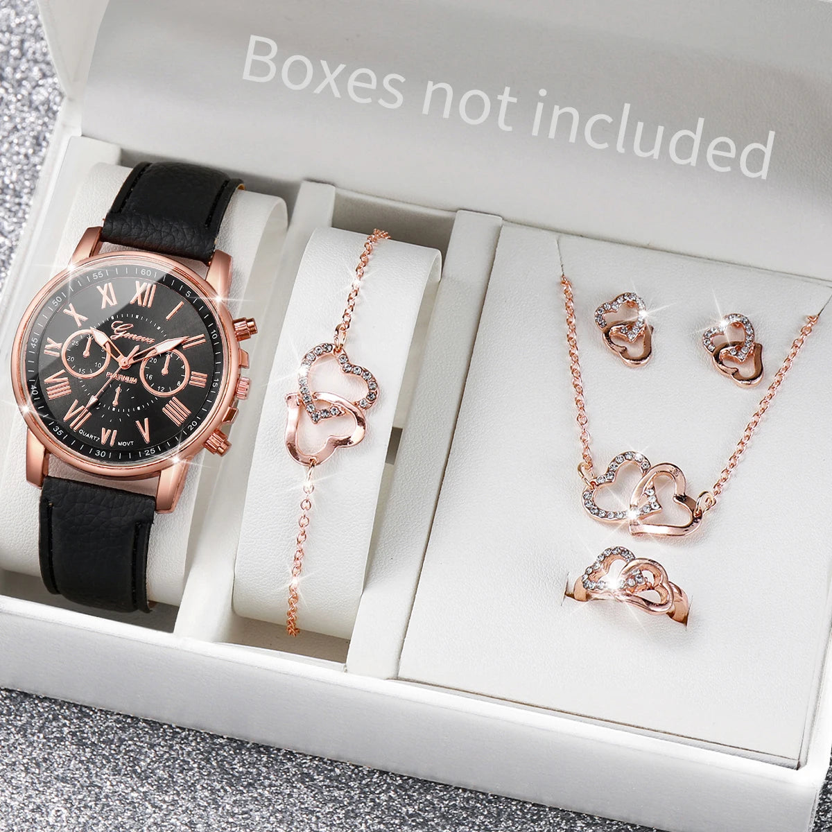 5/6PCS Luxury Women Watches Jewelry Set Fashion Roma Dial Ladies Leather Band Quartz Watch Relogios Feminino(Without Box)