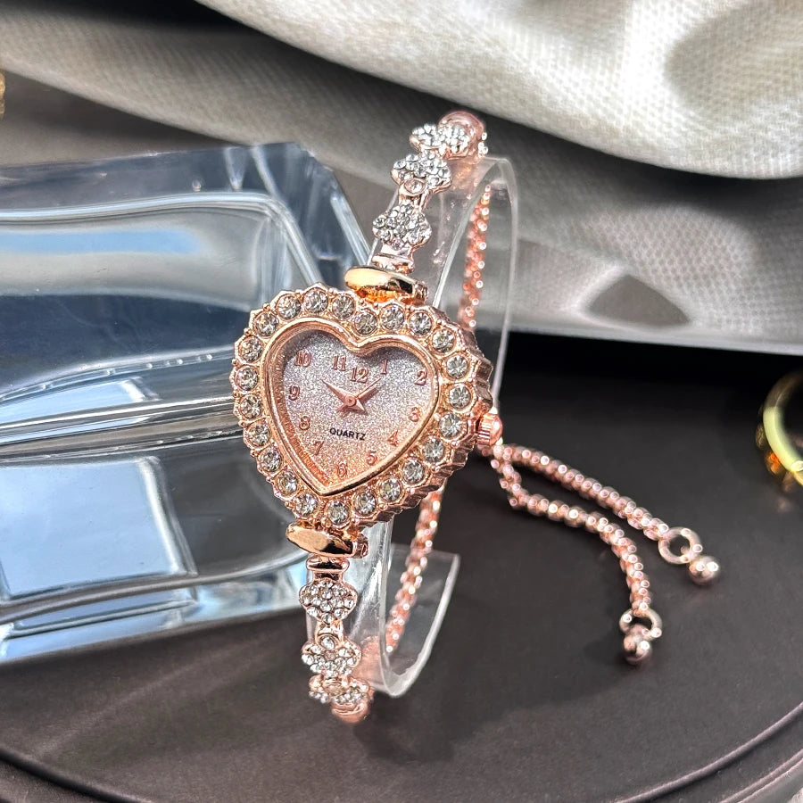 New Fashion Heart-shaped Ribbon-Strap Diamond-Studded Flower Watch for Women with Adjustable Bracelet