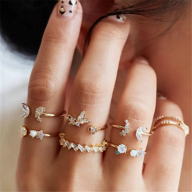 Silver Color Crystal Rings Set for Women, Cubic Zirconia Moon Arrow Flower Heart Finger Wedding Rings, Female Fashion Jewelry