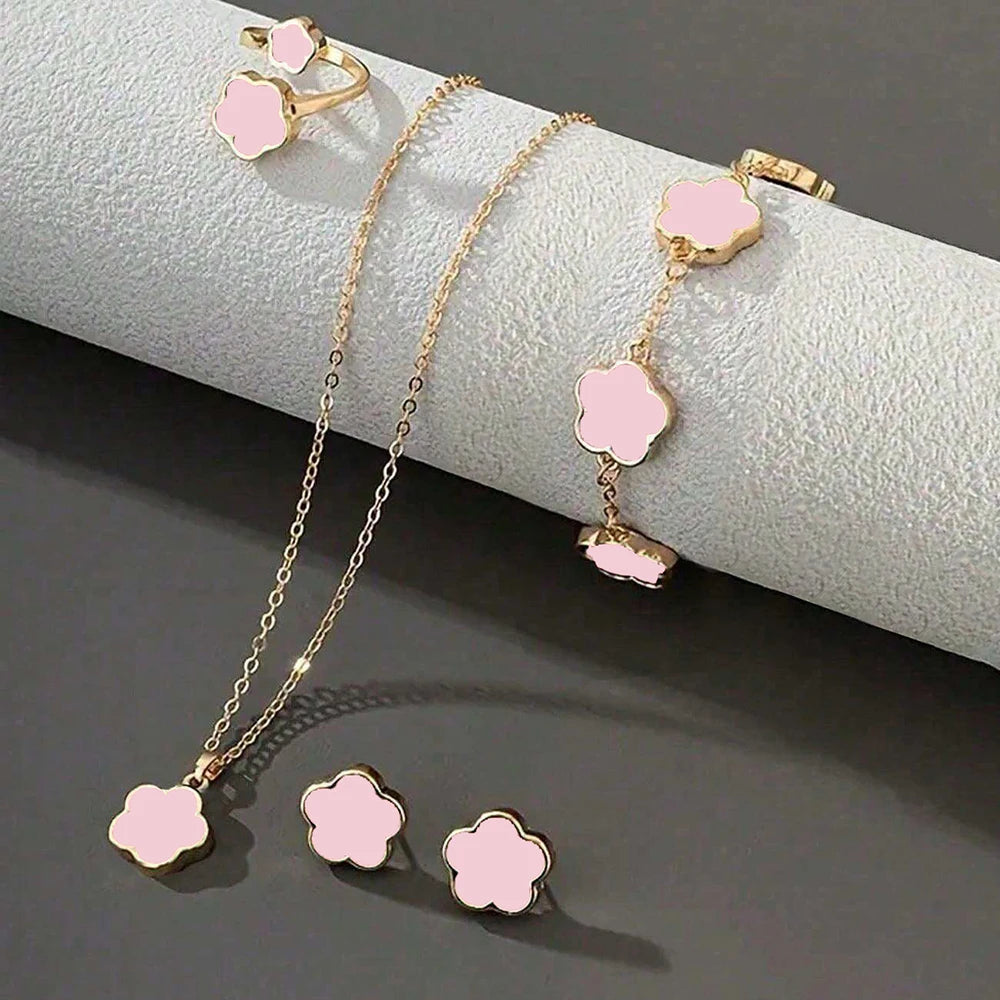 Lucky Five-petal Flower Five-leaf Clover Bracelet Earrings Necklace Three-piece set for woman Stylish Accessories Party Jewelry