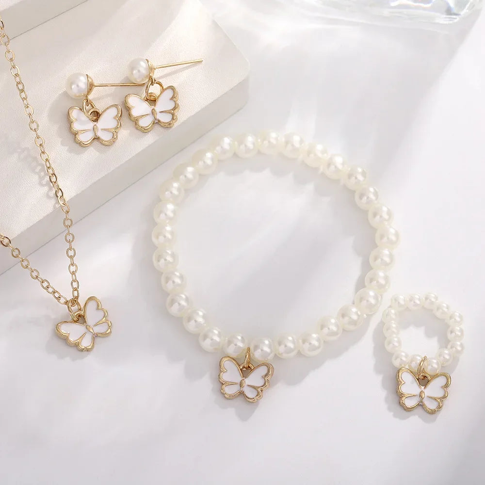 4pcs/Set Sweet Jewelry Set Butterfly Pendant Imitation Pearl Necklace for Women Pearl Earrings Girl Jewellery Women Gift