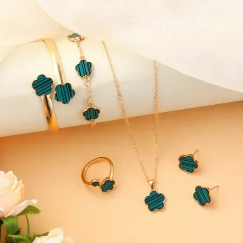5pcs/set Luxury Quality Jewelry Sets Plum Blossom Plant Five Leaf Flower Women's Earrings Rings Bracelet Necklace Bangles Gift