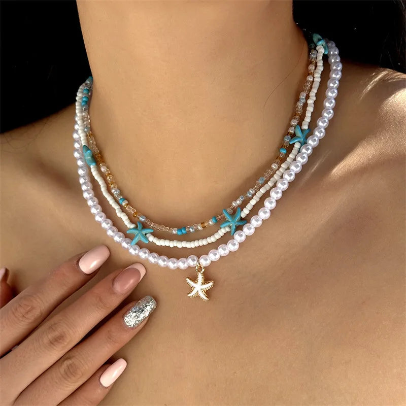 Bohemian Beach Shell Conch Beaded Necklace for Women Summer Ocean Style Seashell Starfish Pendant Choker Vacation Party Jewelry