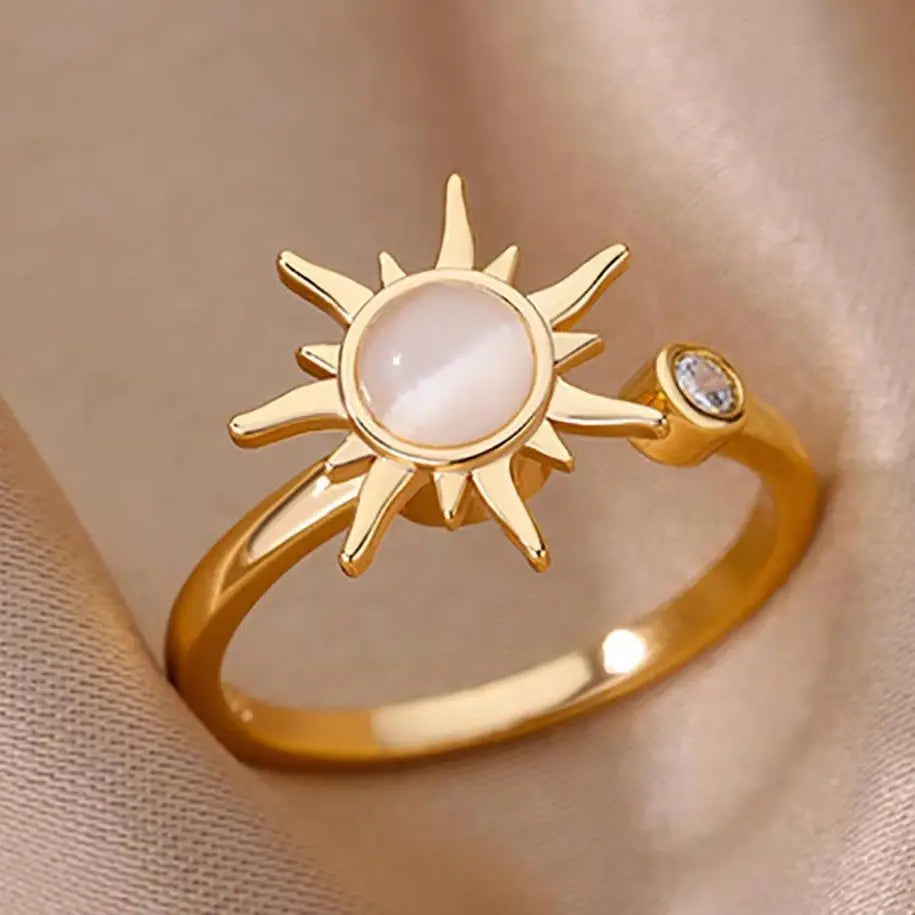 Rotating Sun Opal Ring For Women Stainless Steel Retro Charm Adjustable Open Rings Party Jewelry Best Friend Gift Bijoux Femme