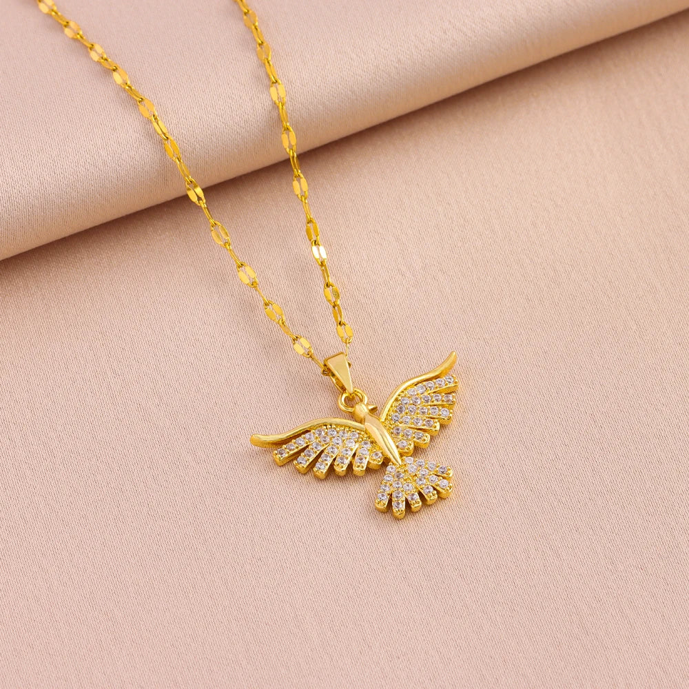 New Sparkly 18K Gold Plated Vintage Phoenix Pendant Necklaces For Women Retro Style Female Daily Wear Stainless Steel Neck Chain