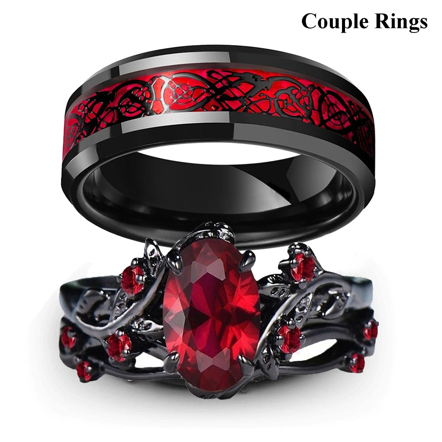 Charm Couple Rings Romantic Women Red Rhinestones Rings Set Trendy Men Stainless Steel Celtic Dragon Rings Wedding Band Jewelry