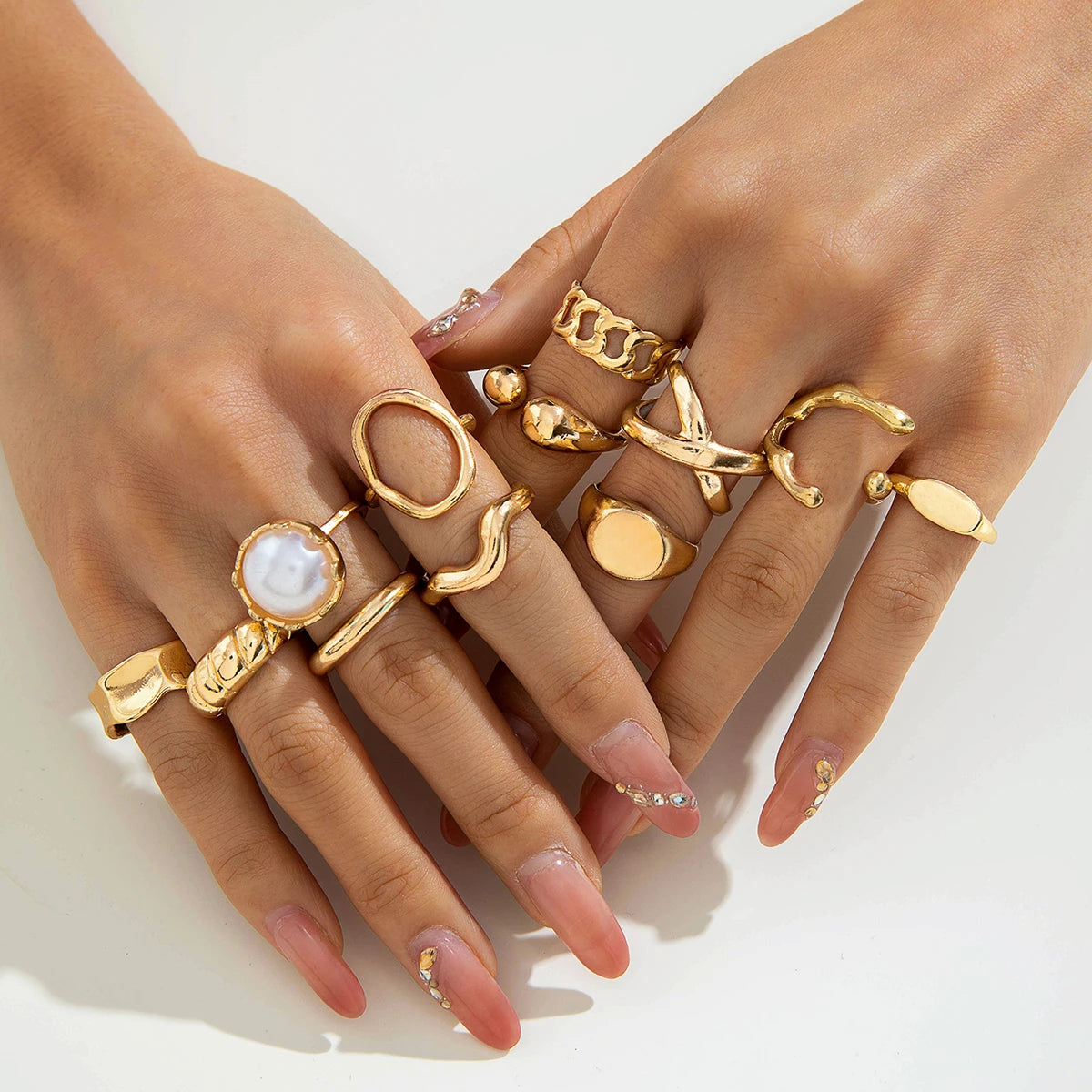 Tocona 2024 New Fashion Luxury Imitation Pearl Open Ring Sets for Women Elegant Gold Color Ring Party Jewelry Accessories