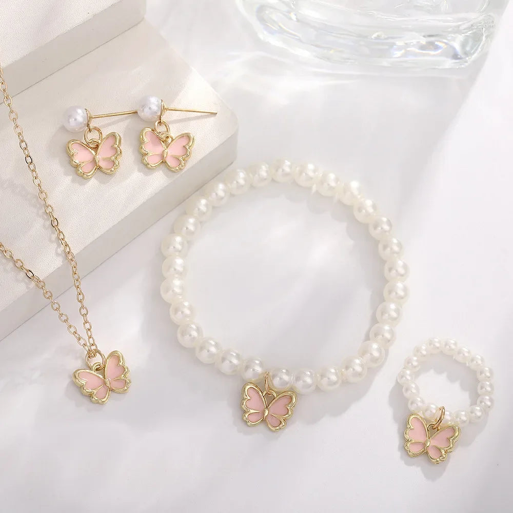 4pcs/Set Sweet Jewelry Set Butterfly Pendant Imitation Pearl Necklace for Women Pearl Earrings Girl Jewellery Women Gift