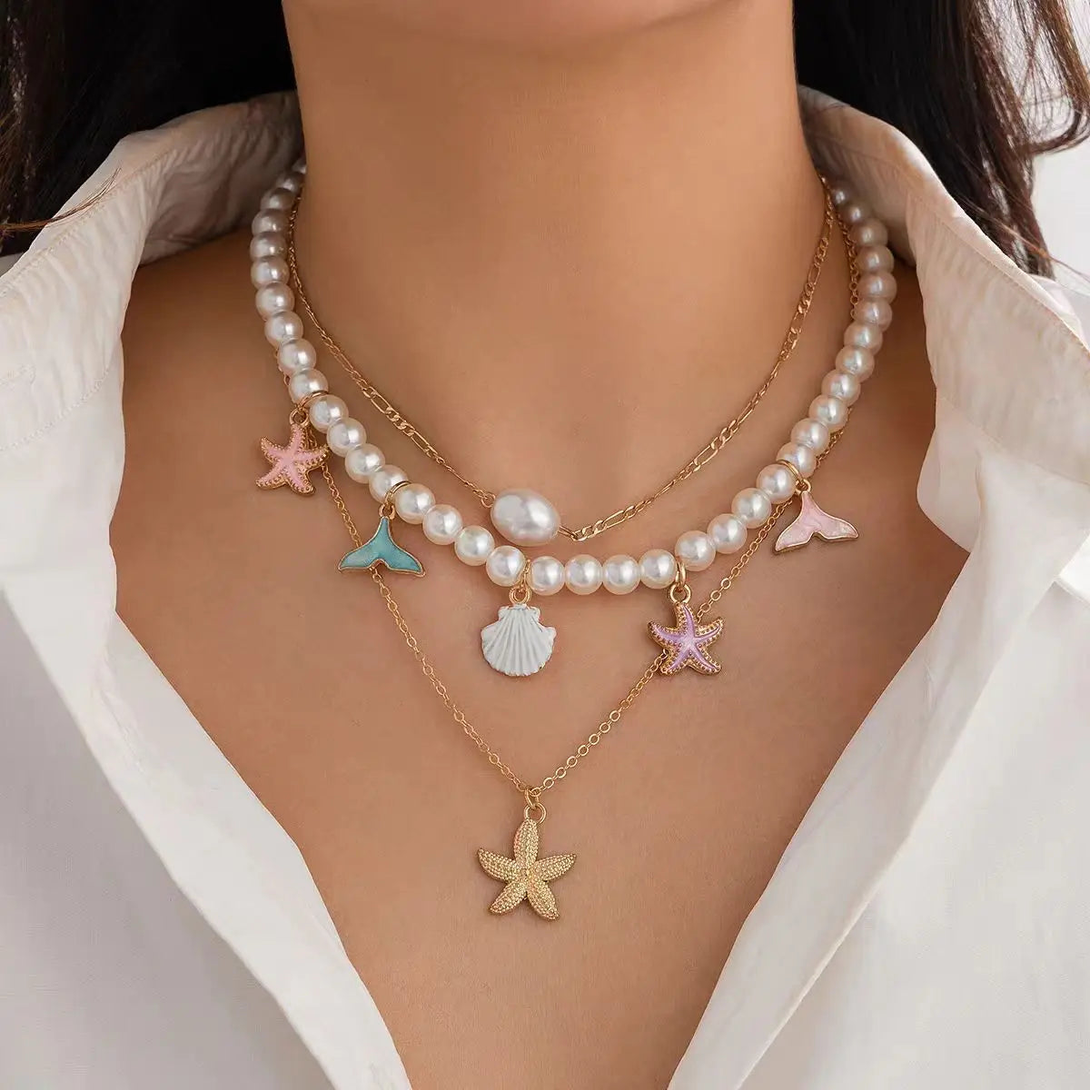 Bohemian Beach Shell Conch Beaded Necklace for Women Summer Ocean Style Seashell Starfish Pendant Choker Vacation Party Jewelry