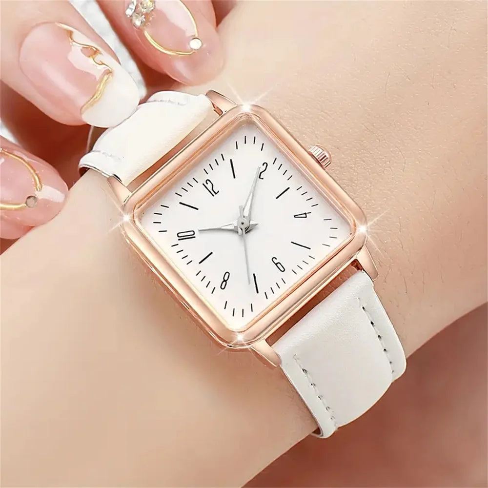 2PCS/Set Fashion Square Women's Watch Leather Band Quartz Watches Heart Bracelet Set