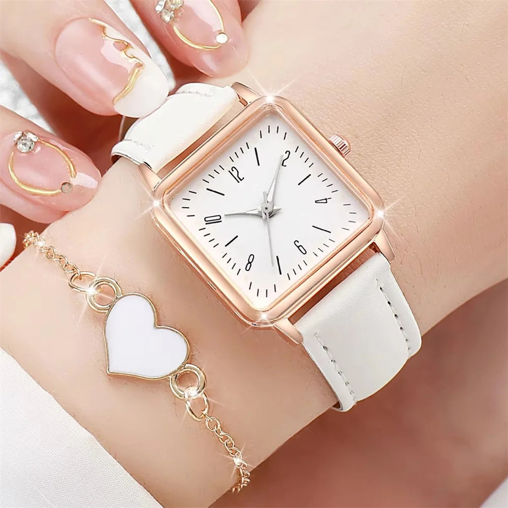2PCS/Set Fashion Square Women's Watch Leather Band Quartz Watches Heart Bracelet Set