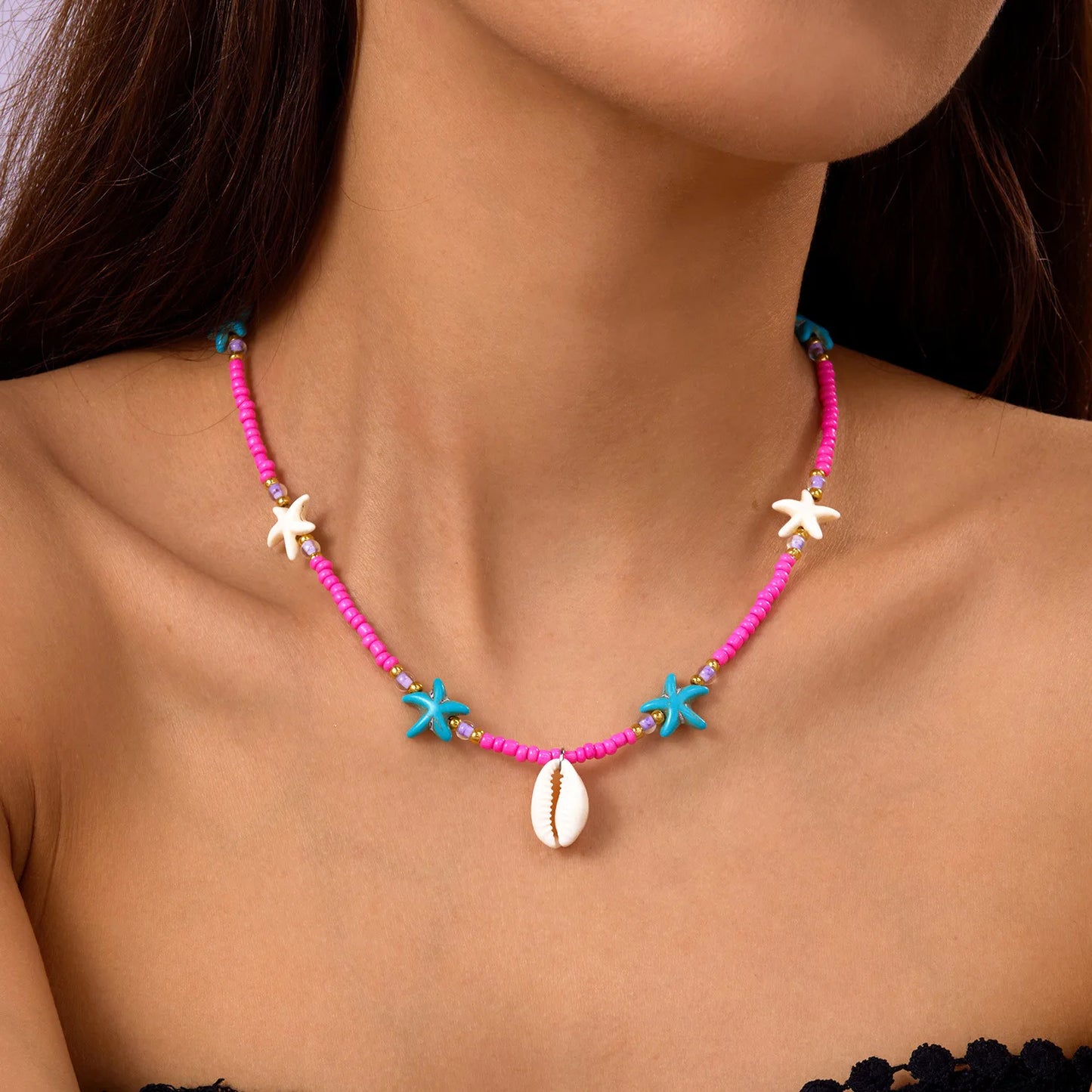 Bohemian Beach Shell Conch Beaded Necklace for Women Summer Ocean Style Seashell Starfish Pendant Choker Vacation Party Jewelry