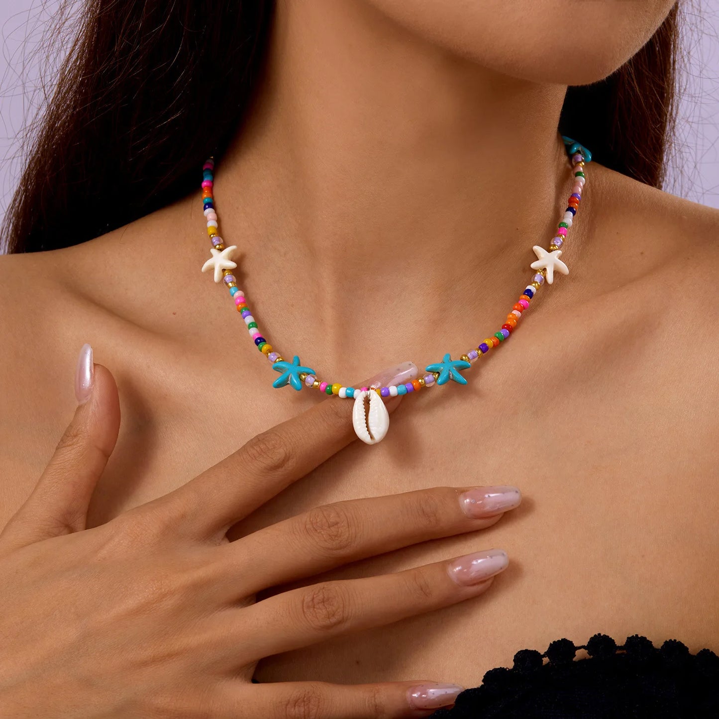 Bohemian Beach Shell Conch Beaded Necklace for Women Summer Ocean Style Seashell Starfish Pendant Choker Vacation Party Jewelry