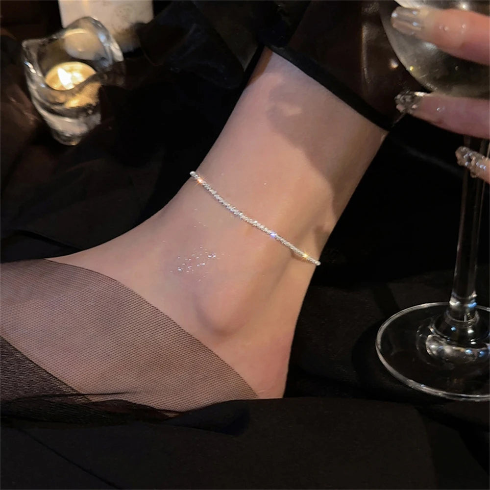 Shiny Silver Color Fashion Zircon Pendant Anklets for Women Girls Two Layers Chain Multi-Layer Beach Foot Jewelry Crystal Gift
