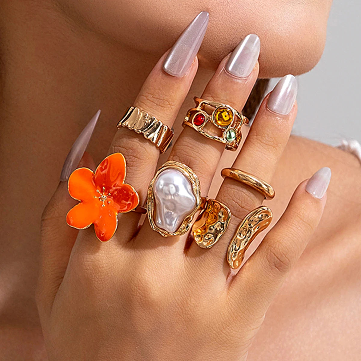 Tocona 2024 New Fashion Luxury Imitation Pearl Open Ring Sets for Women Elegant Gold Color Ring Party Jewelry Accessories