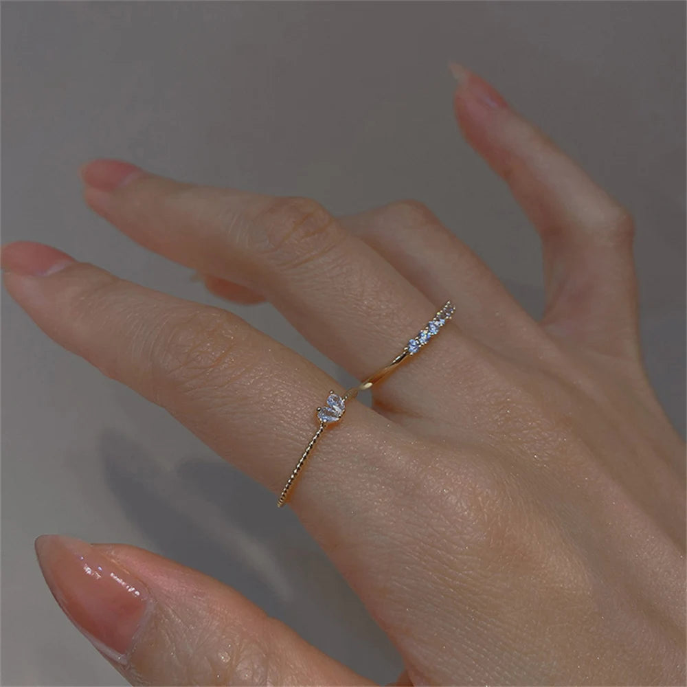 2PCS Aesthetic Elegant Dainty Crystal Heart Rings for Women Girls Gold Color Stackable Delicated Love Finger Ring Set Jewelry