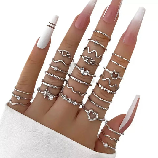 23PCS Fashion Luxury Shiny Zircon Wave Multi-Element Design Women's Ring Set, Suitable or Women's Daily Wear Rings