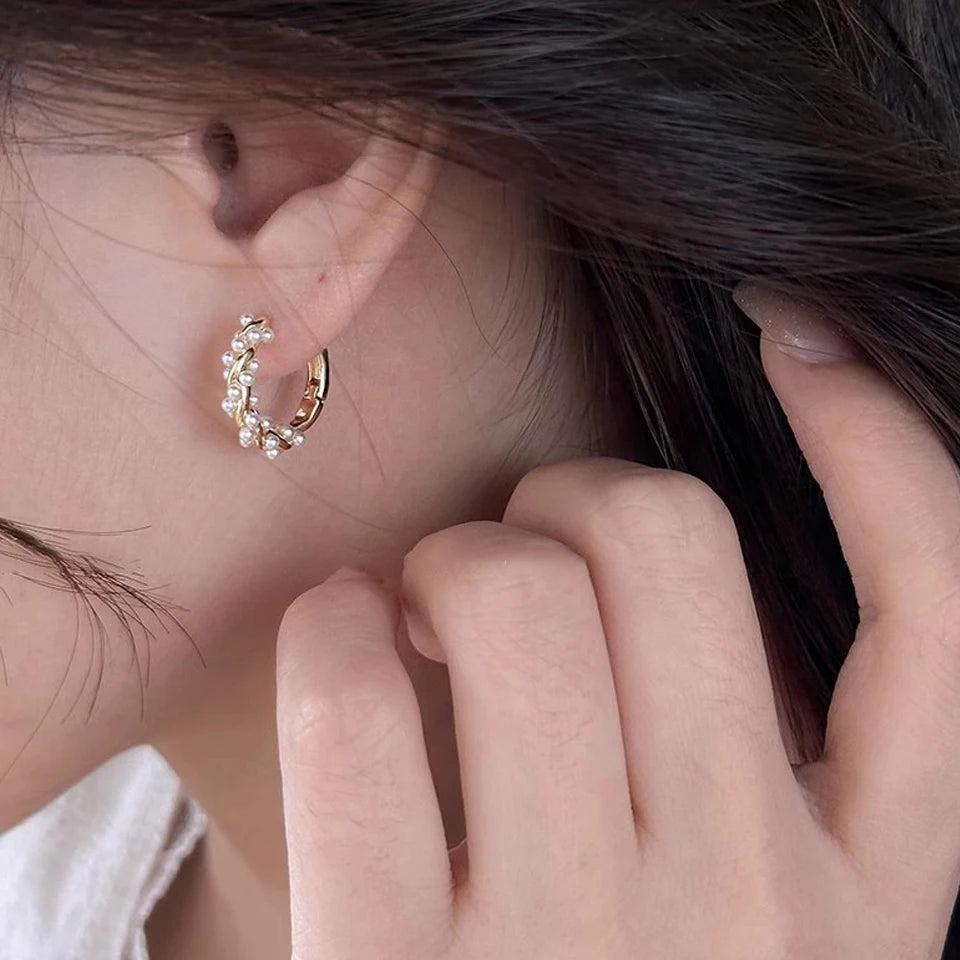 Yupsk French Imitation Pearl Circle Earring Small Round Hoop Earrings For Women Exquisite Texture Earrings Jewelry Girls Gift