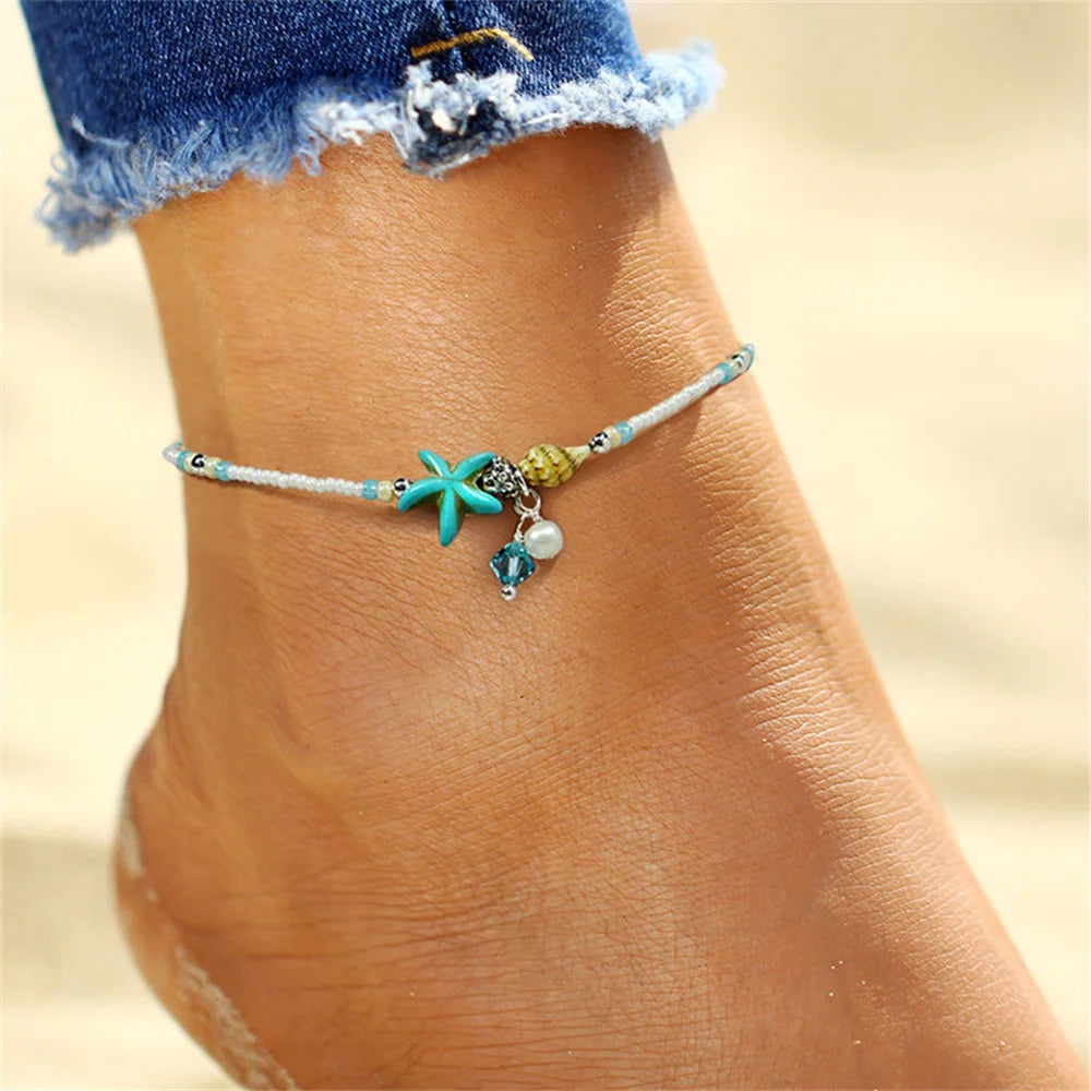Bohemian Shell Starfish Summer Beach Anklets for Women Tortoise Ankle Bracelet on Leg Girls Barefoot Handcraft Chain Jewelry