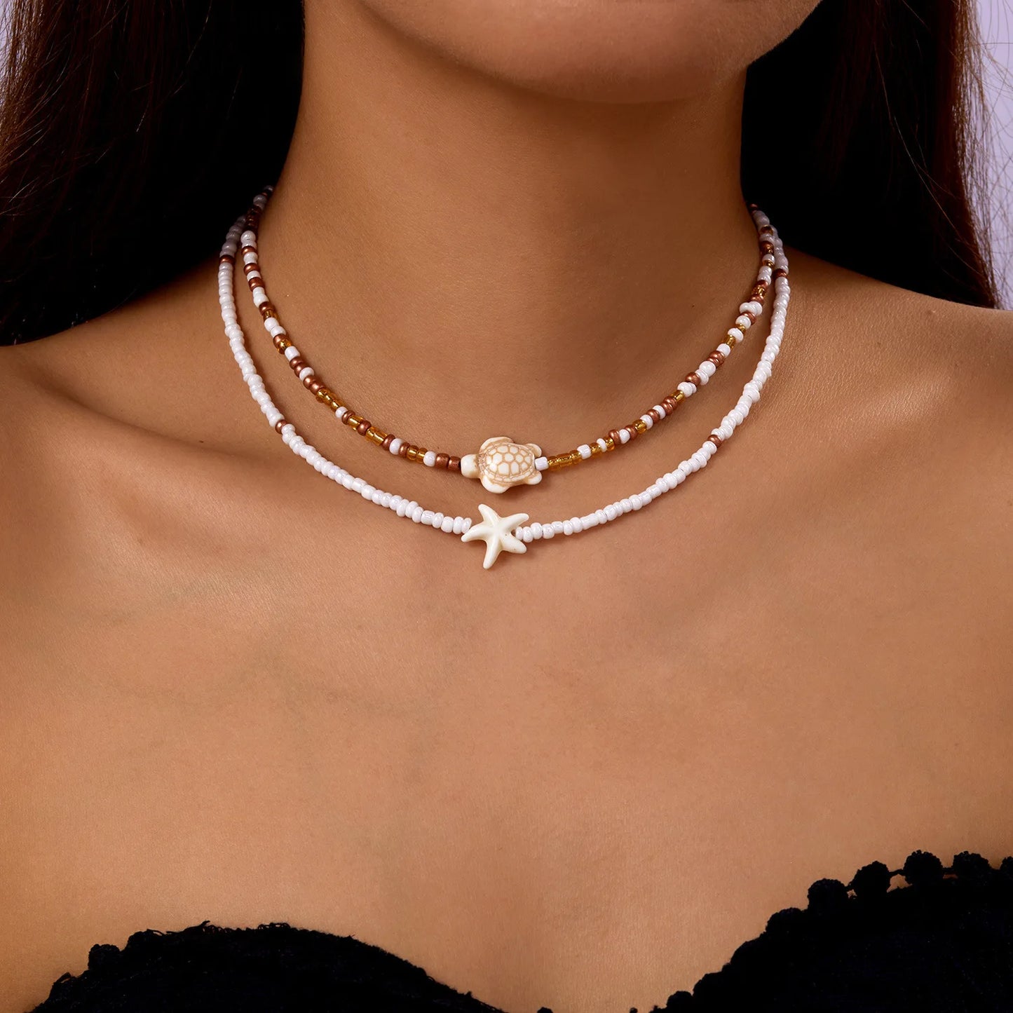 Bohemian Beach Shell Conch Beaded Necklace for Women Summer Ocean Style Seashell Starfish Pendant Choker Vacation Party Jewelry