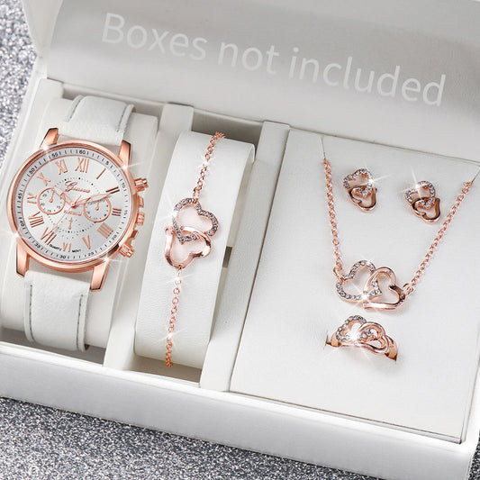 5/6PCS Luxury Women Watches Jewelry Set Fashion Roma Dial Ladies Leather Band Quartz Watch Relogios Feminino（Without Box）