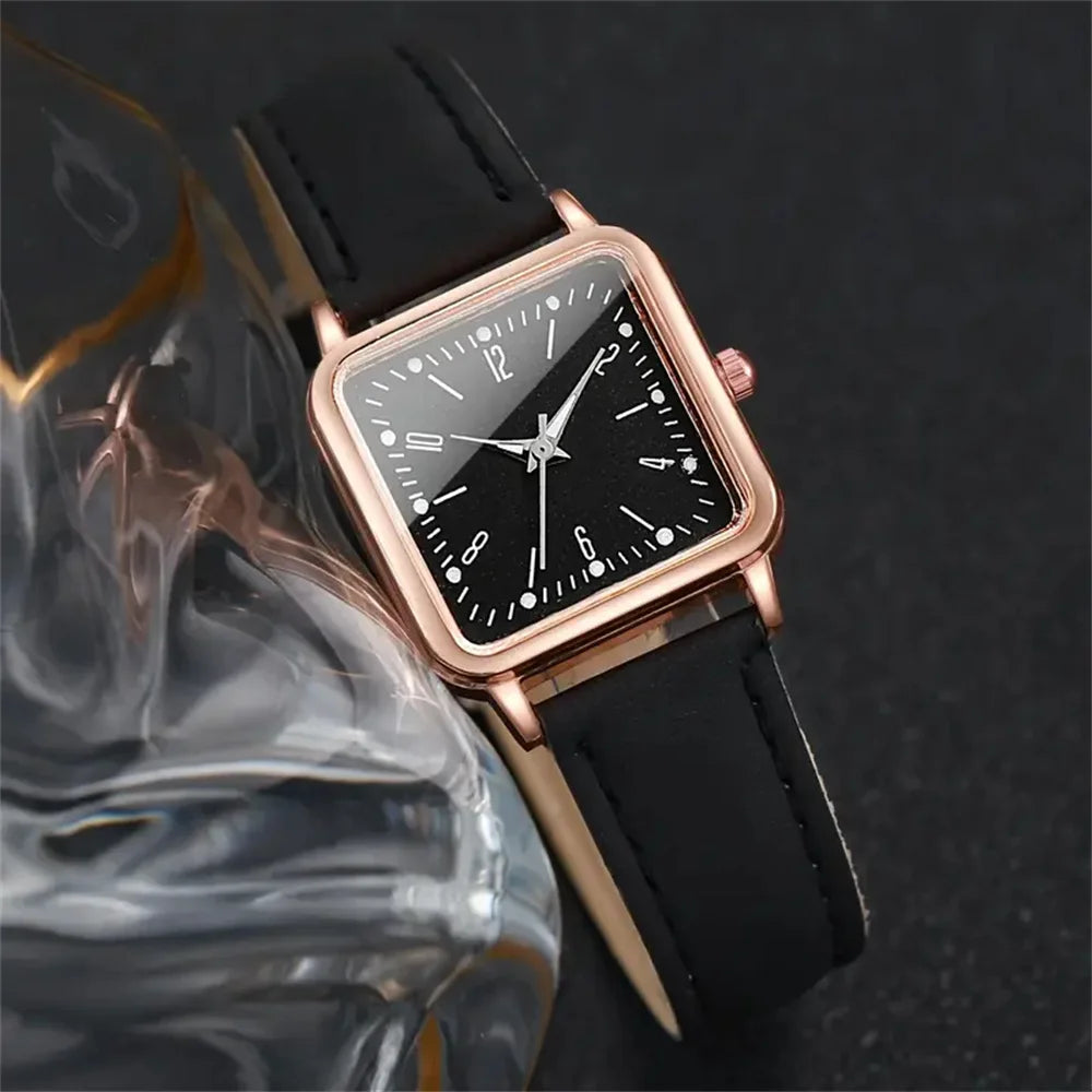 2PCS/Set Fashion Square Women's Watch Leather Band Quartz Watches Heart Bracelet Set
