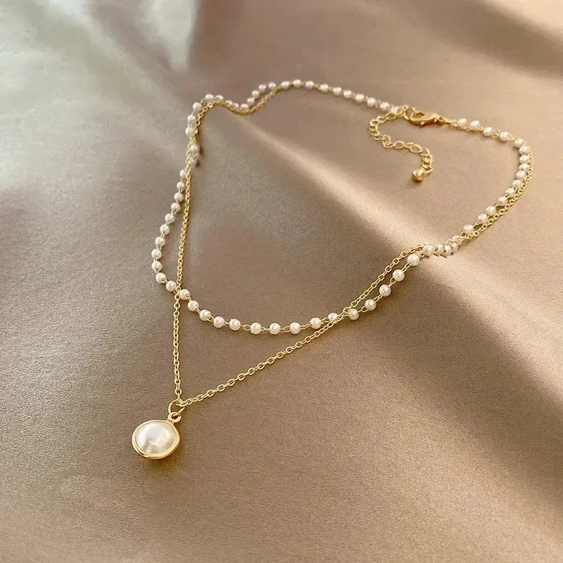 2025 New Women's Pearl Necklace Kpop Gold Color Beads Pendant Necklaces Goth Double Layer Chain Choker for Women Fashion Jewelry