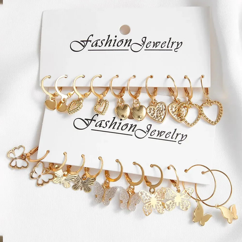 10pcs Women Earrings New Creative Simple Fashion Temperament Hollowed-out Butterfly Love Earrings Gold Color Earrings Jewelry