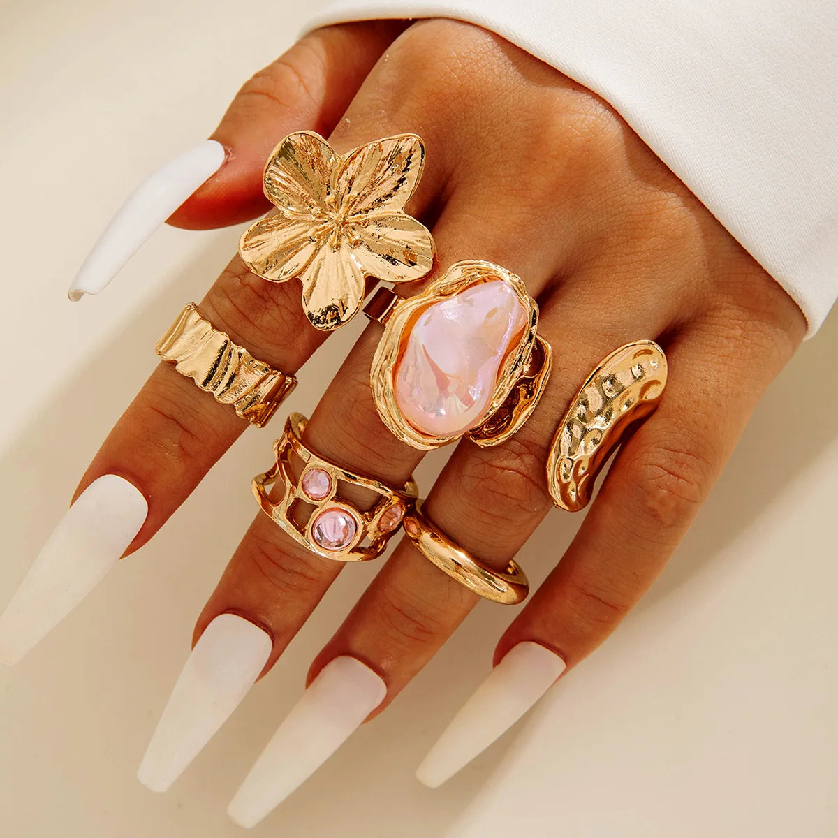 Tocona 2024 New Fashion Luxury Imitation Pearl Open Ring Sets for Women Elegant Gold Color Ring Party Jewelry Accessories