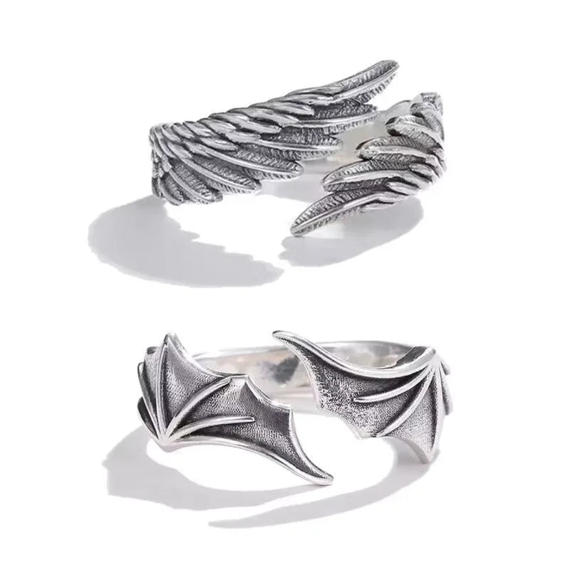 Retro Angel Demon Wing Couples Rings Antique Jewelry Popular Fashion Sense Open Adjustable Finger Ring Punk Hip Hop Gift