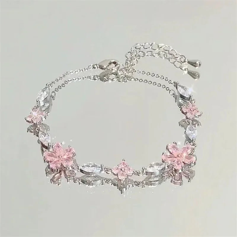 Shiny Pink Crystal Cherry Blossom Bracelets For Women Girls Sweet Moon Bow Flowers Zircon Bracelet Party Aesthetic Jewelry