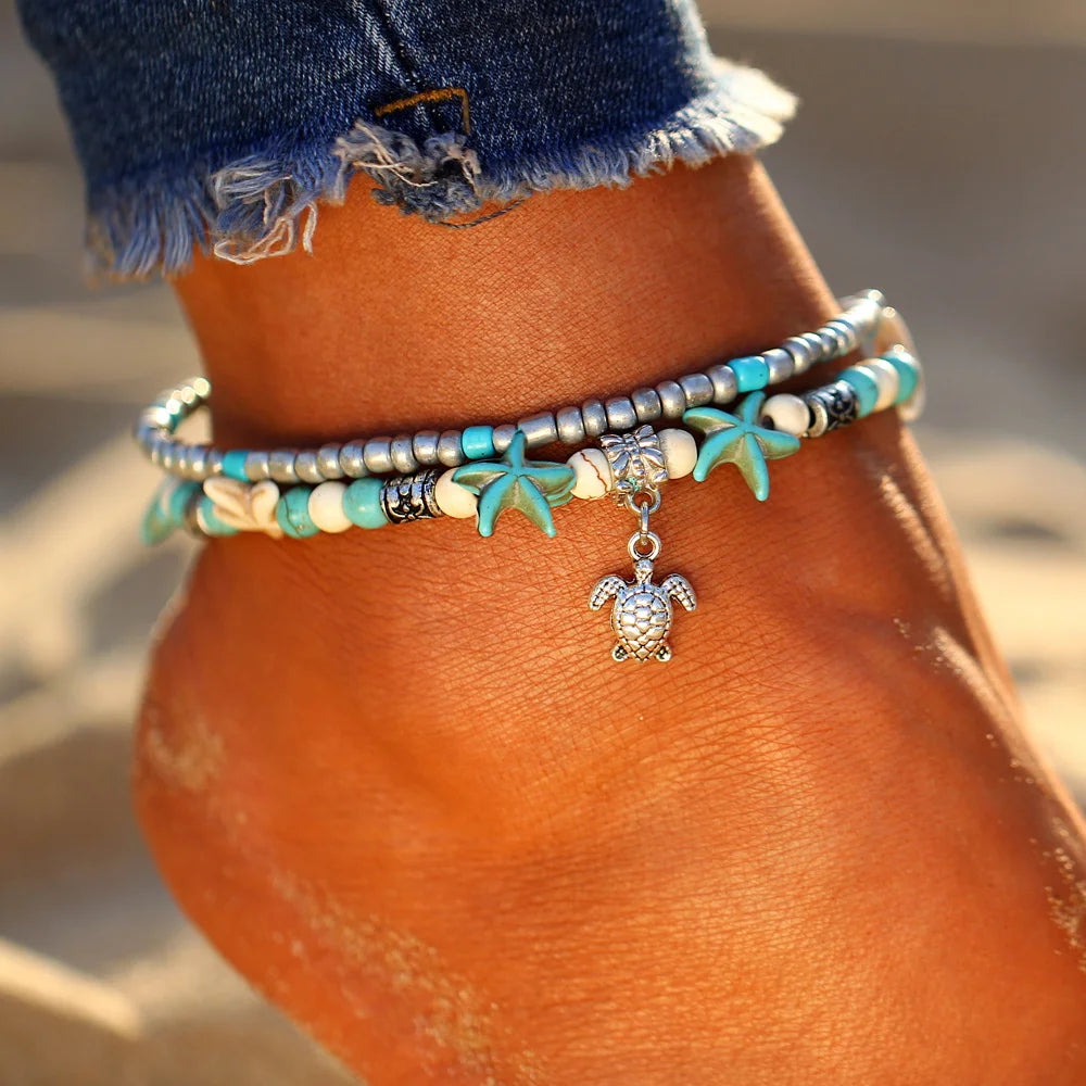 Bohemian Shell Starfish Summer Beach Anklets for Women Tortoise Ankle Bracelet on Leg Girls Barefoot Handcraft Chain Jewelry