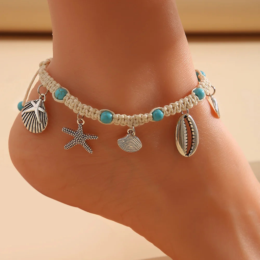 Bohemian Shell Starfish Summer Beach Anklets for Women Tortoise Ankle Bracelet on Leg Girls Barefoot Handcraft Chain Jewelry