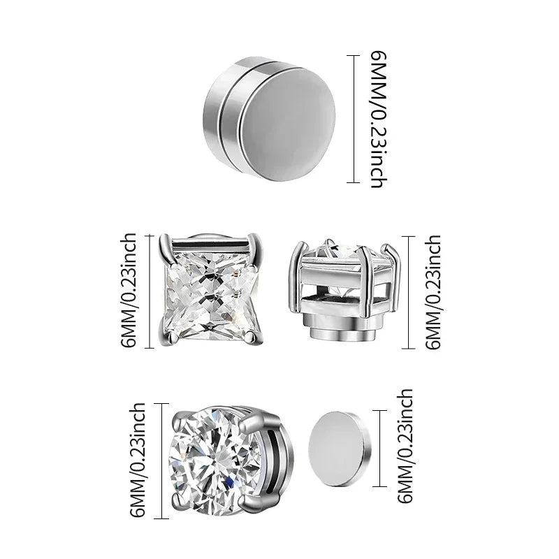 1/3Pairs 6MM Crystal Magnetic No-Pierce Stainless Steel Stud Earrings for Men Punk Zircon Magnet Earrings Non Piercing Jewelry